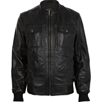 Black leather collarless utility jacket