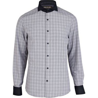Navy large check cut away collar shirt 