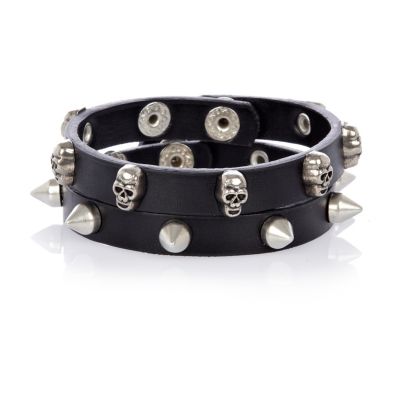 Black leather skull and stud bracelet pack