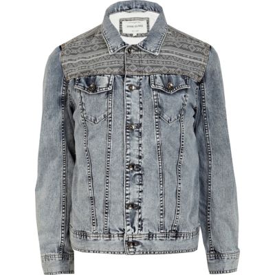 Blue aztec panel washed denim jacket