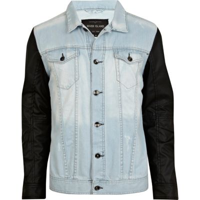 Light wash leather look sleeve denim jacket