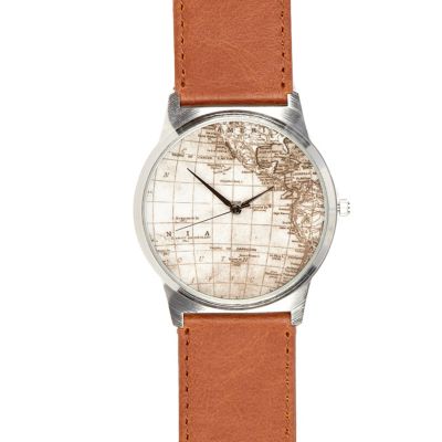 Brown globe print round watch