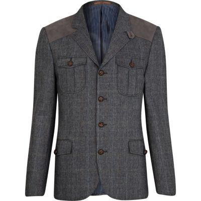 Blue check contrast shoulder panel blazer