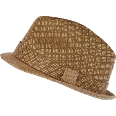 Brown diamond pattern woven trilby hat