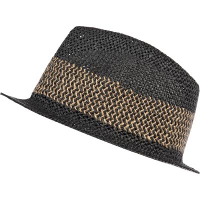 Black woven straw contrast stripe trilby hat