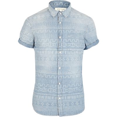 Light wash tribal print denim shirt