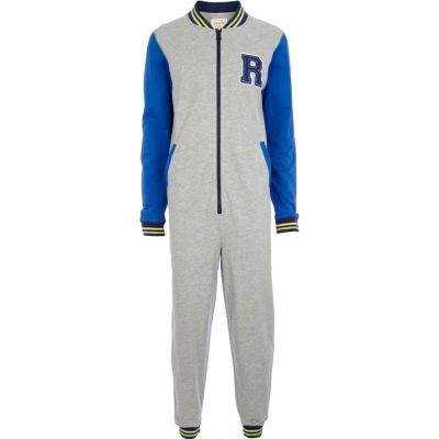 Grey contrast sleeve R varsity onesie