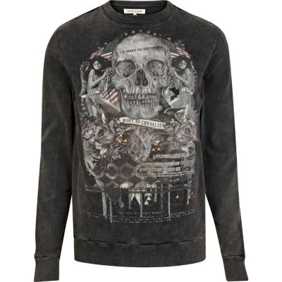 Grey acid wash skull print sweatshirt
