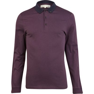 Purple contrast collar long sleeve polo shirt