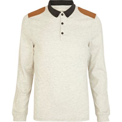 Ecru marl contrast shoulder patch polo shirt 