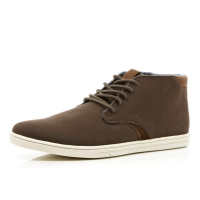 Brown canvas contrast panel mid tops