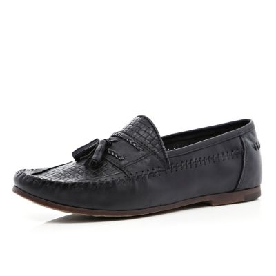 Black woven tassel loafers