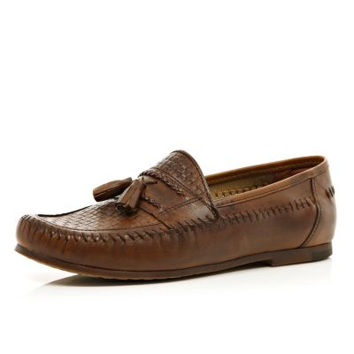 Brown woven tassel loafers