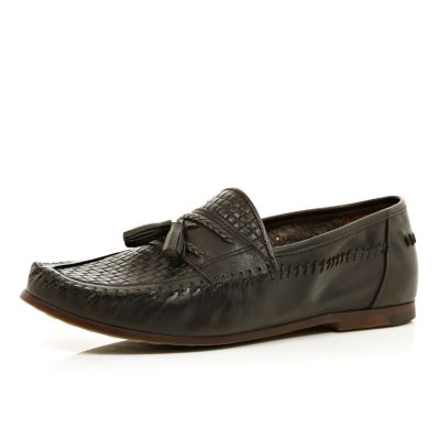 Dark brown woven  tassel loafers