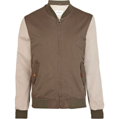 Khaki colour block bomber jacket