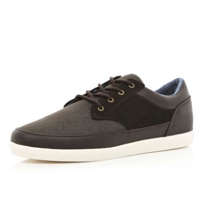 Brown denim contrast panel lace up plimsolls
