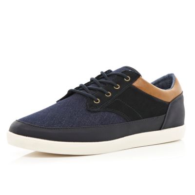 Navy denim contrast panel lace up plimsolls