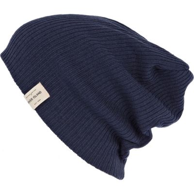 Blue rib label trim beanie hat 