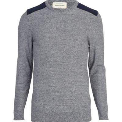 Navy fleck contrast shoulder patch jumper