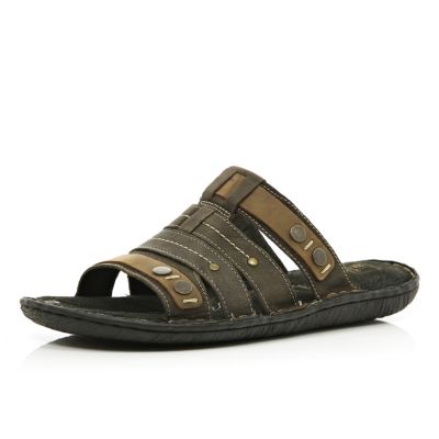 Brown studded strap slip on sandals