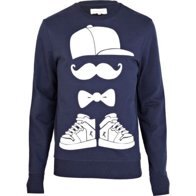 Navy moustache snapback print sweatshirt