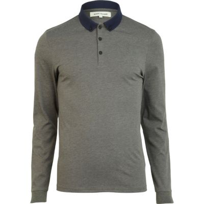 Brown contrast collar long sleeve polo shirt