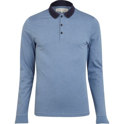 Blue contrast collar long sleeve polo shirt