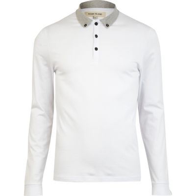 White contrast collar long sleeve polo shirt