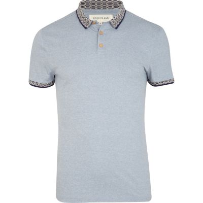 Blue short sleeve patterned trim polo 
