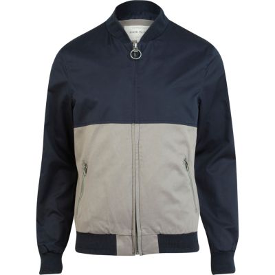 Navy blue colour block bomber jacket
