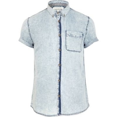 Blue acid wash short sleeve denim shirt