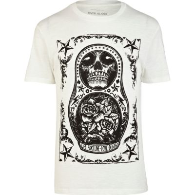 Ecru russian doll tattoo print t-shirt