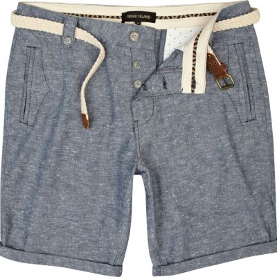 Blue fleck woven belted turn up shorts