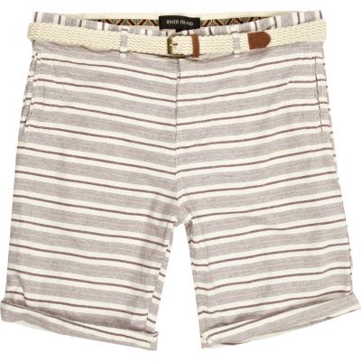Berry red stripe belted turn up shorts