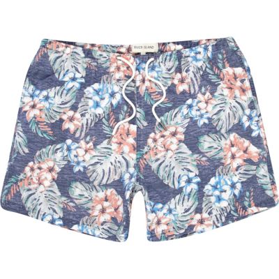 Blue floral print washed swim shorts