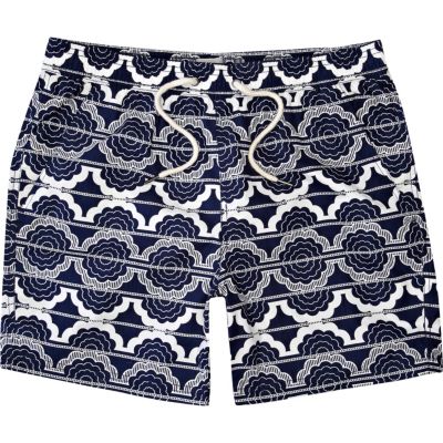 Blue linear floral print swim shorts