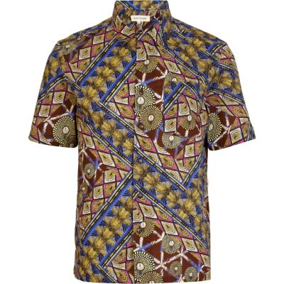 Brown tribal print short sleeve shirt