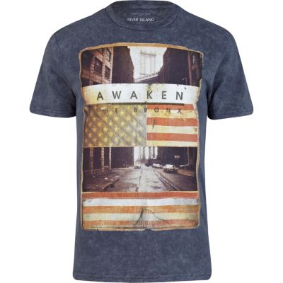 Blue acid wash bronx print t-shirt