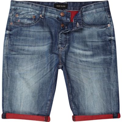 Mid wash denim contrast turn up shorts