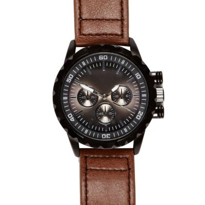 Brown triple dial round watch 