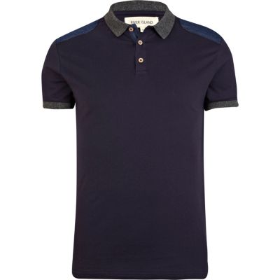 Navy denim shoulder patch polo shirt
