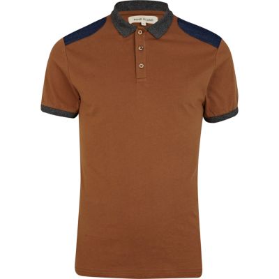 Brown denim shoulder patch polo shirt