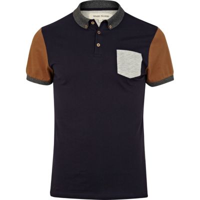 Navy colour block short sleeve polo shirt