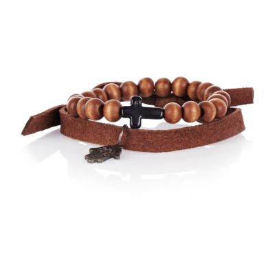 Brown leather and bead cross bracelet pack
