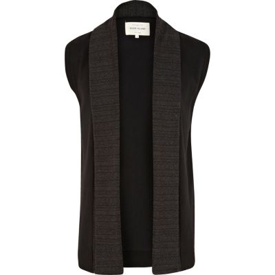 Black contrast lapel sleeveless cardigan