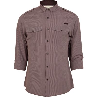 Red striped roll sleeve military shirt