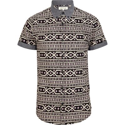 Navy tribal print roll sleeve shirt