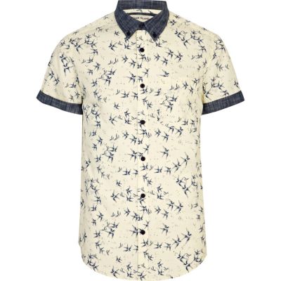 Ecru bird print contrast trim shirt