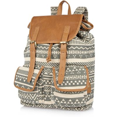 Grey aztec print contrast trim rucksack
