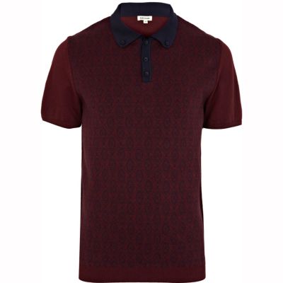 Dark red printed knitted polo shirt